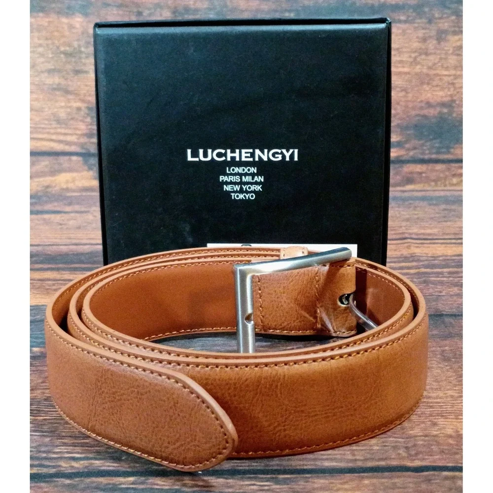 Luchengyi Mens Tan Brown Genuine Leather Belt Size 34 Business Casual Silver